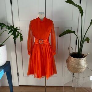 Stunning Vintage Linton Orange Belted Dress with Sheer Sleeves